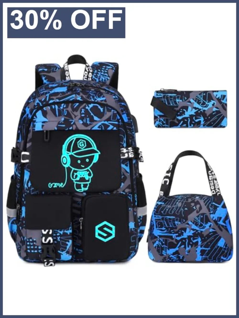 Kids Luminous School Backpack with Lunch Bag, Pencil Case, USB Port, Waterproof